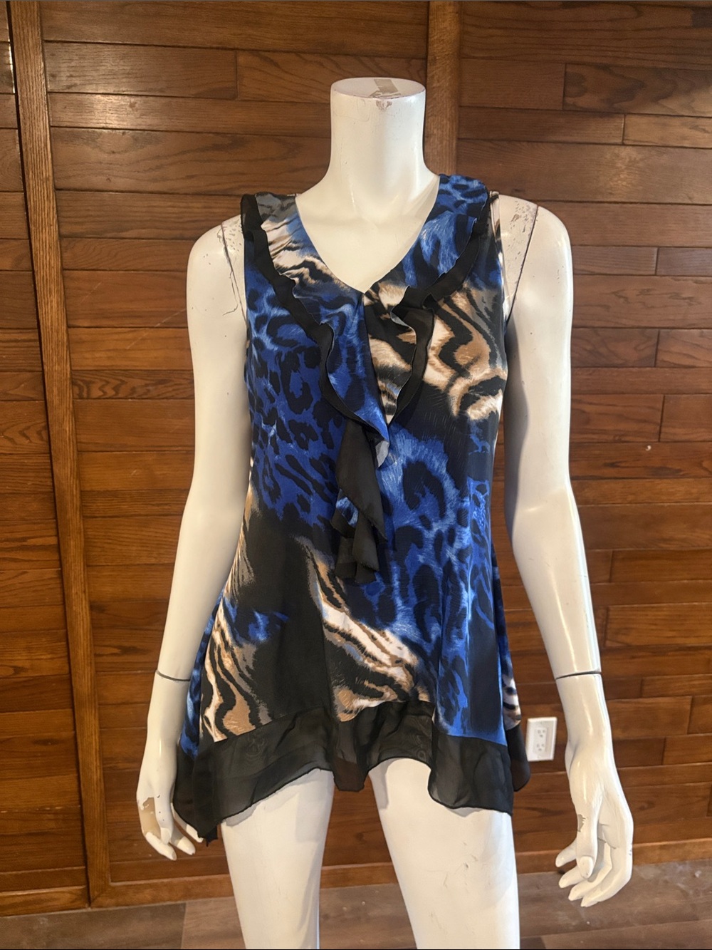 Blue Animal-Print Ruffle V-Neck Camisole